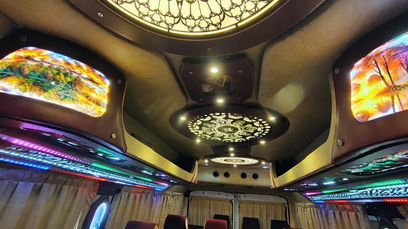 Wide view of decorative ceiling panels with ambient lighting